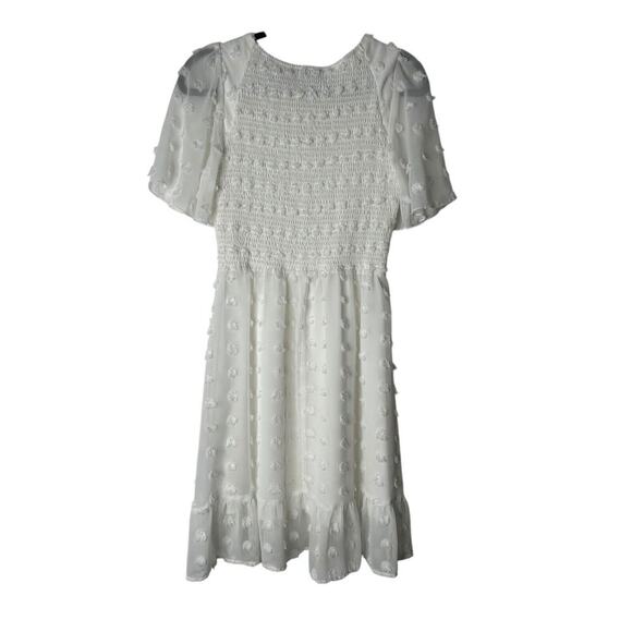 BTFBM Dress Women's Medium White Smocked Swiss Dot V Neck Short Sleeve Bohemian - Picture 4 of 11